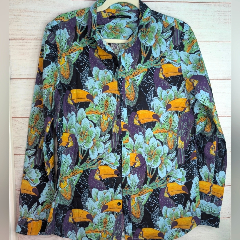 Nwot David Naman Mens Long Sleeve Button Down Tropical 🐠🍹 Print Dress Shirt 🎽